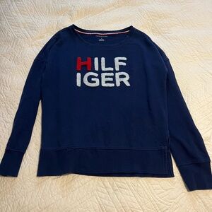 Tommy Hilfiger Spellout Logo Sweatshirt Women M Blue Boxy Patriotic Preppy
